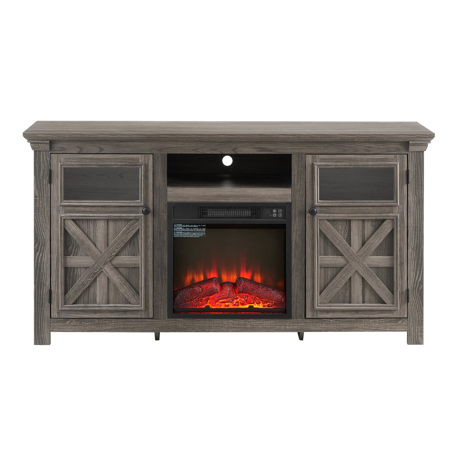 Mondawe Modern Farmhouse TV Media Stand With 18 Inch Fireplace, Two Door Cabinet Farmhouse TV Stand