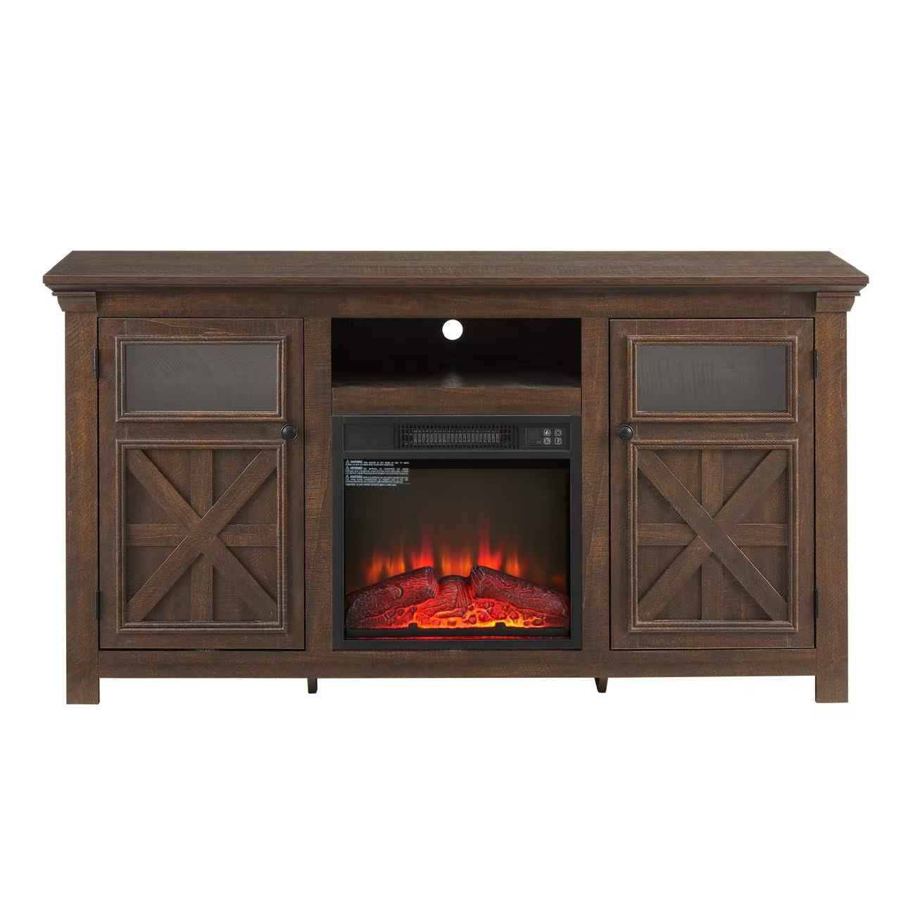 Mondawe Modern Farmhouse TV Media Stand With 18 Inch Fireplace, Two Door Cabinet Farmhouse TV Stand