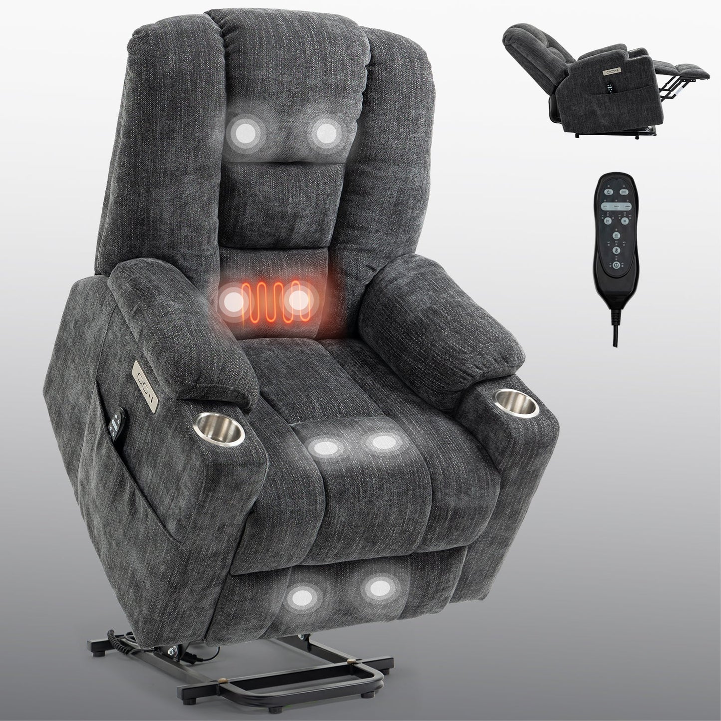 Mondawe Grey Power Lift Recliner Chair with Massage and Heat for Elderly with USB and Type C Ports