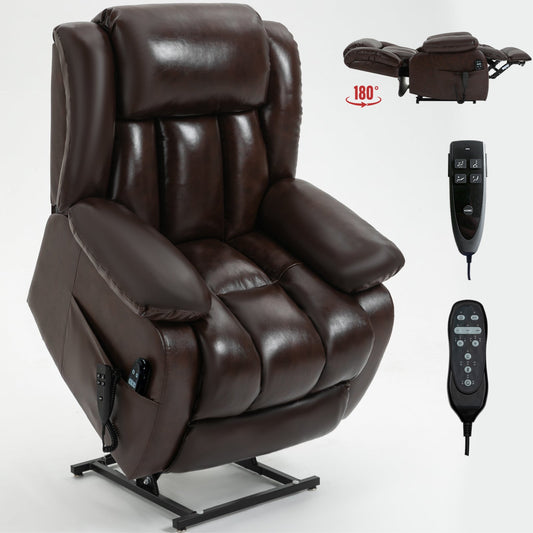 Mondawe Brown Genuine Leather Black Power Lift Recliner Chair with 8-Point Vibration Massage