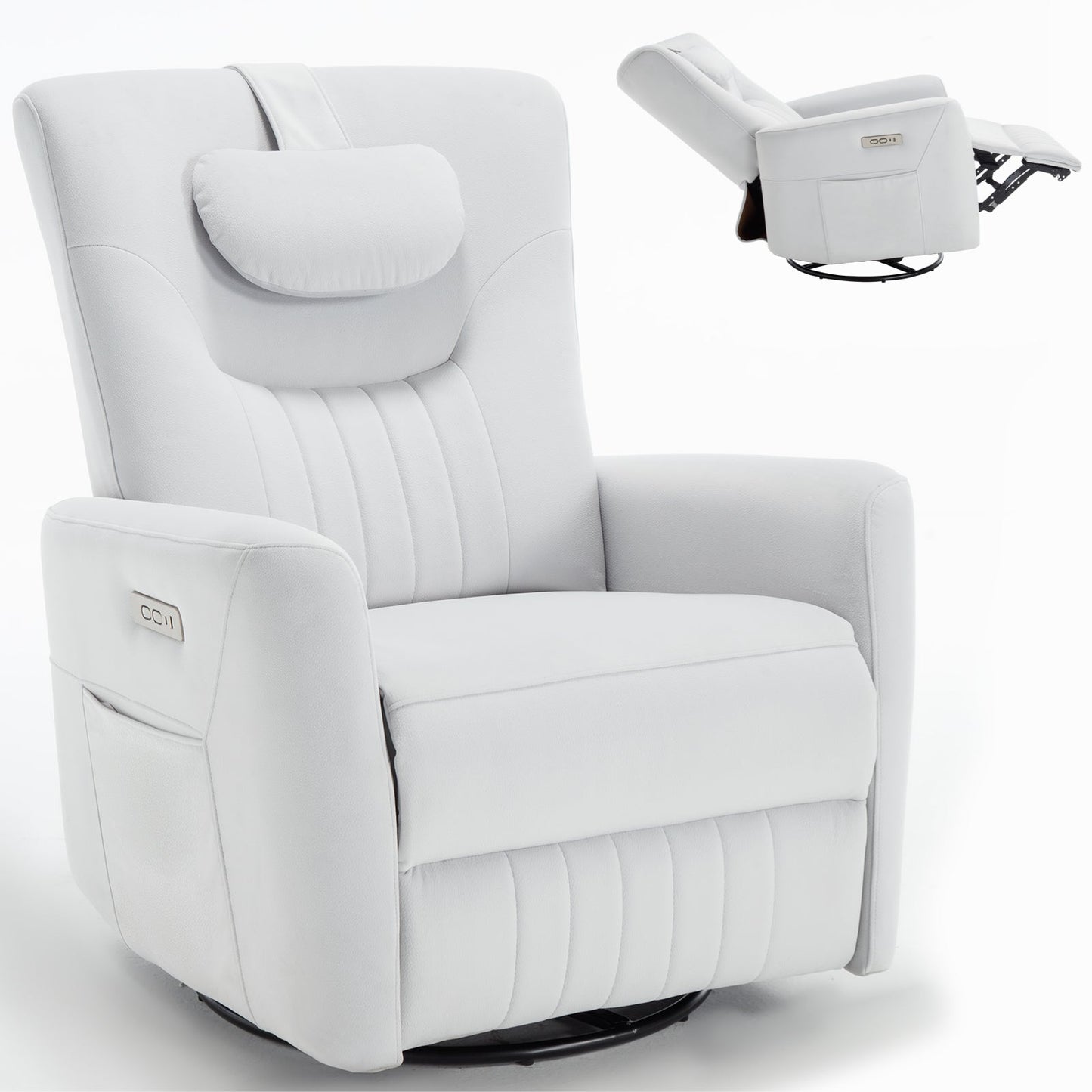 Mondawe White Swivel and Rocker Power Recliner Chair with Lumbar and Neck Support Pillow