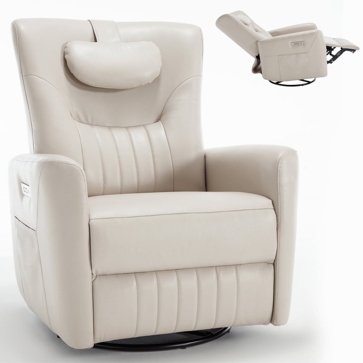 Mondawe White Swivel and Rocker Power Recliner Chair with Lumbar and Neck Support Pillow