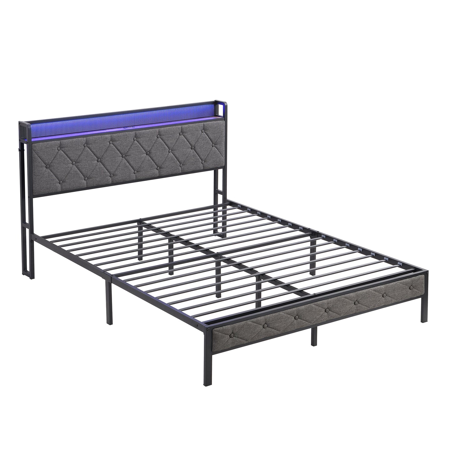 MONDAWE Full Bed Frame with Storage Headboard with Charging Station and LED Lights, Upholstered Platform Bed with Heavy Metal Slats