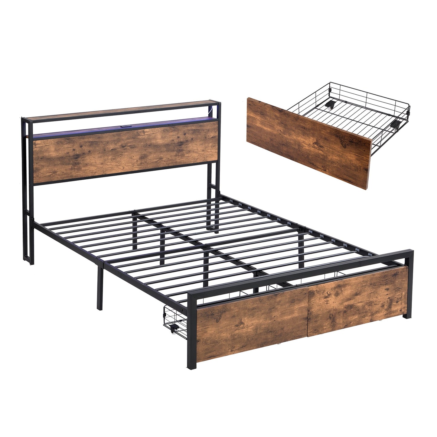 MONDAWE Full Size Bed Frame with Storage Headboard and 2 Drawers, LED Lights Bed with Charging Station, Metal Platform Bedroom Furniture