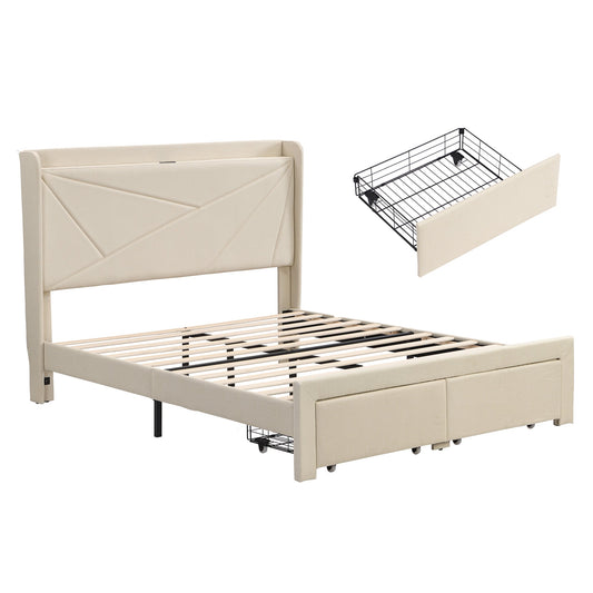 MONDAWE Full Size Bed Frame with 2 Storage Drawers, Upholstered Bed Frame with Wingback Headboard Storage Shelf Built-in USB Charging Stations