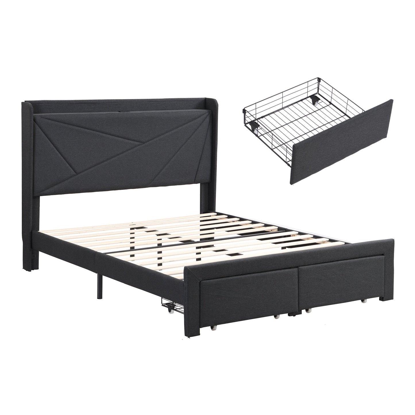 MONDAWE Full Size Bed Frame with 2 Storage Drawers, Upholstered Bed Frame with Wingback Headboard Storage Shelf Built-in USB Charging Stations