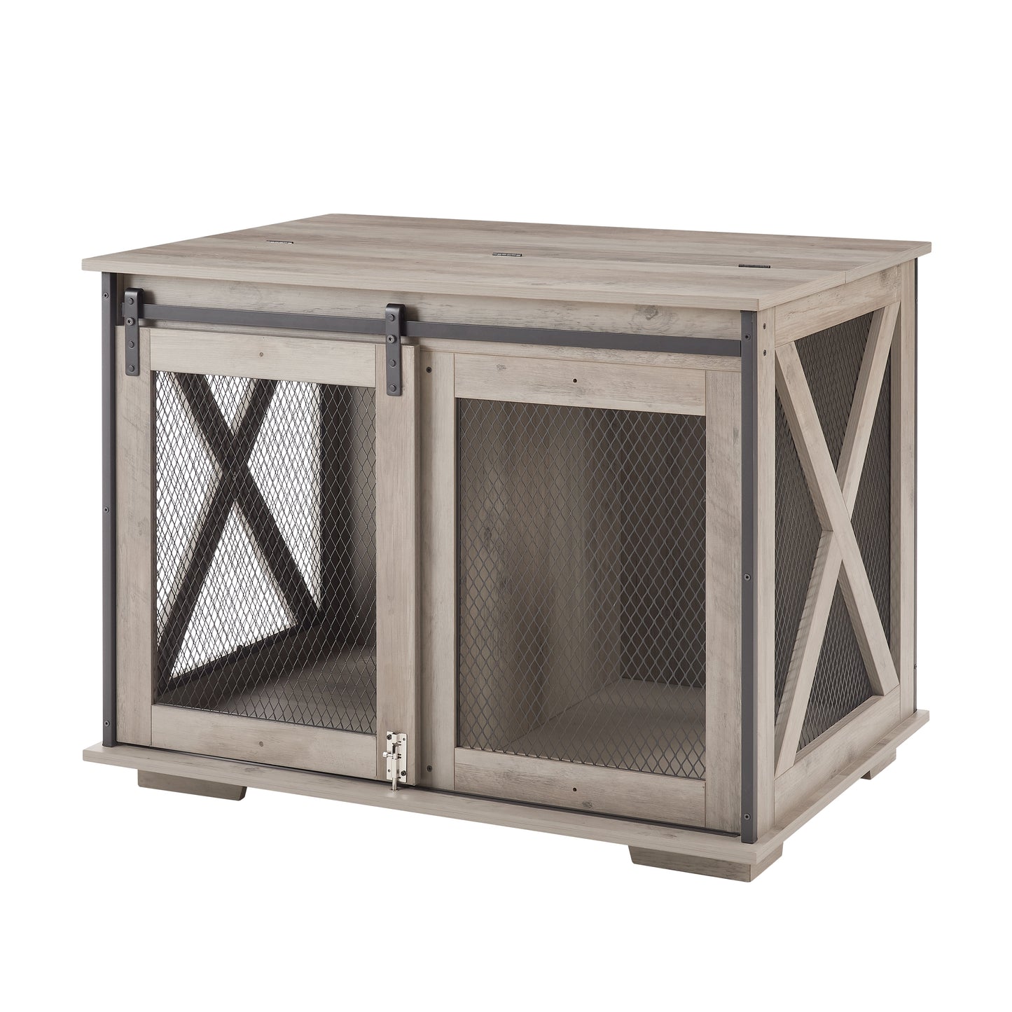 Mondawe Farmhouse Dog Cage Flat Noodles Cabinet, Wooden Dog House End Table With Overturning Roof