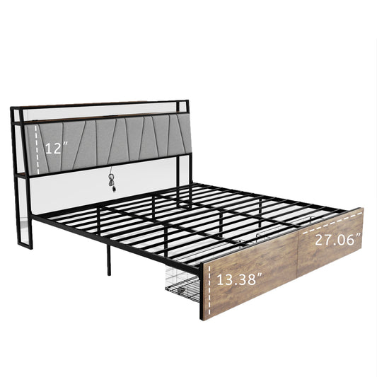 Mondawe Rustic Brown Full Bed Frame with Storage and 2 Storage Drawers Bed Frame