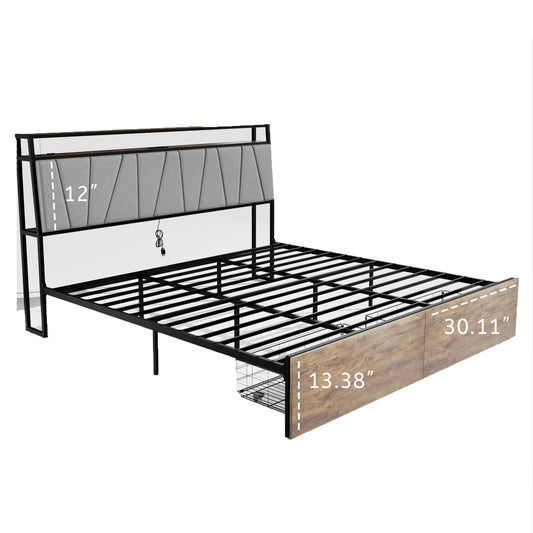 Mondawe Rustic Brown Bed Frame with Storage and 2 Storage Drawers