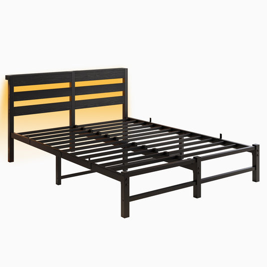 Mondawe Queen Size Metal Bed Frame,A Springless Bed Frame With USB Charging Station And RGB Lights