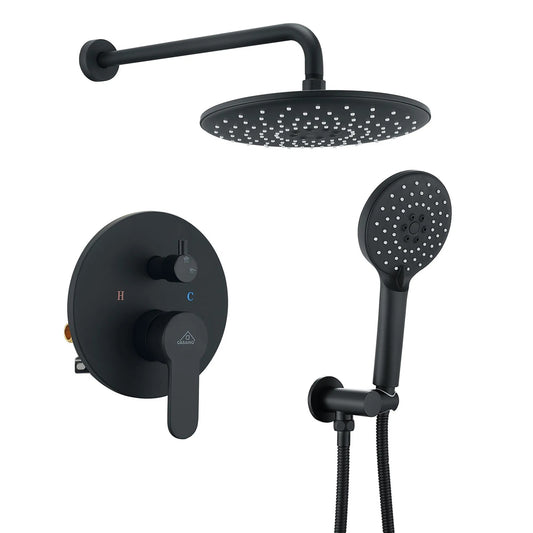 Mondawe 10 in Round Shower Faucet in Matte Black with Pressure Balanced Valve