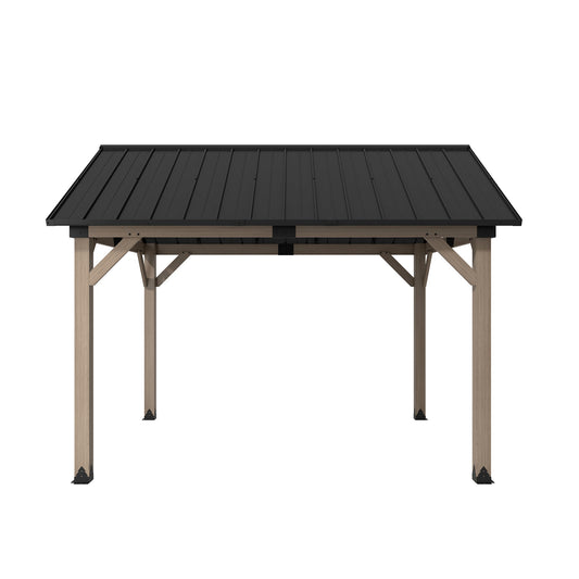 MONDAWE 10 x 12 ft. Wood Gazebo Cedar Framed Wooden Gazebo Patio Steel Hardtop Gazebo with Galvanized Steel Gable Hardtop Roof for Patio Lawn Backyard, Black Roof + Dark Wood Frame - Greenwich Serie