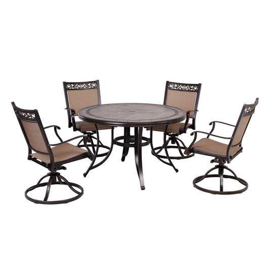 MONDAWE 5-Piece Cast Aluminum Patio Dining Set with Round Umbrella Table and Swivel Chairs