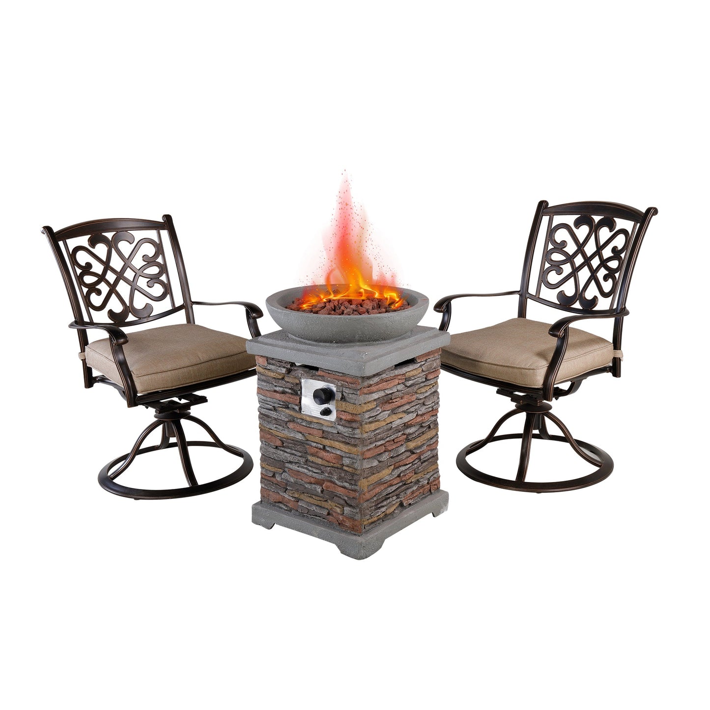 MONDAWE 3-Piece Cast Aluminum Patio Conversation Seating Set with Patio Fire Pit in Brown Stone Exterior