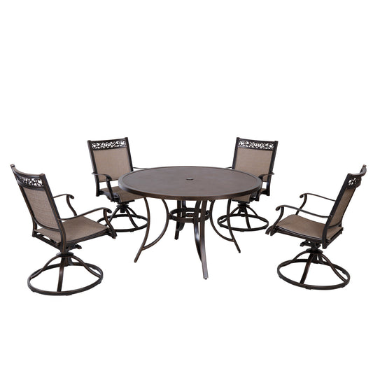 MONDAWE 5-Piece Cast Aluminum Outdoor Dining Set with Round Umbrella Table and Swivel Sling Chairs