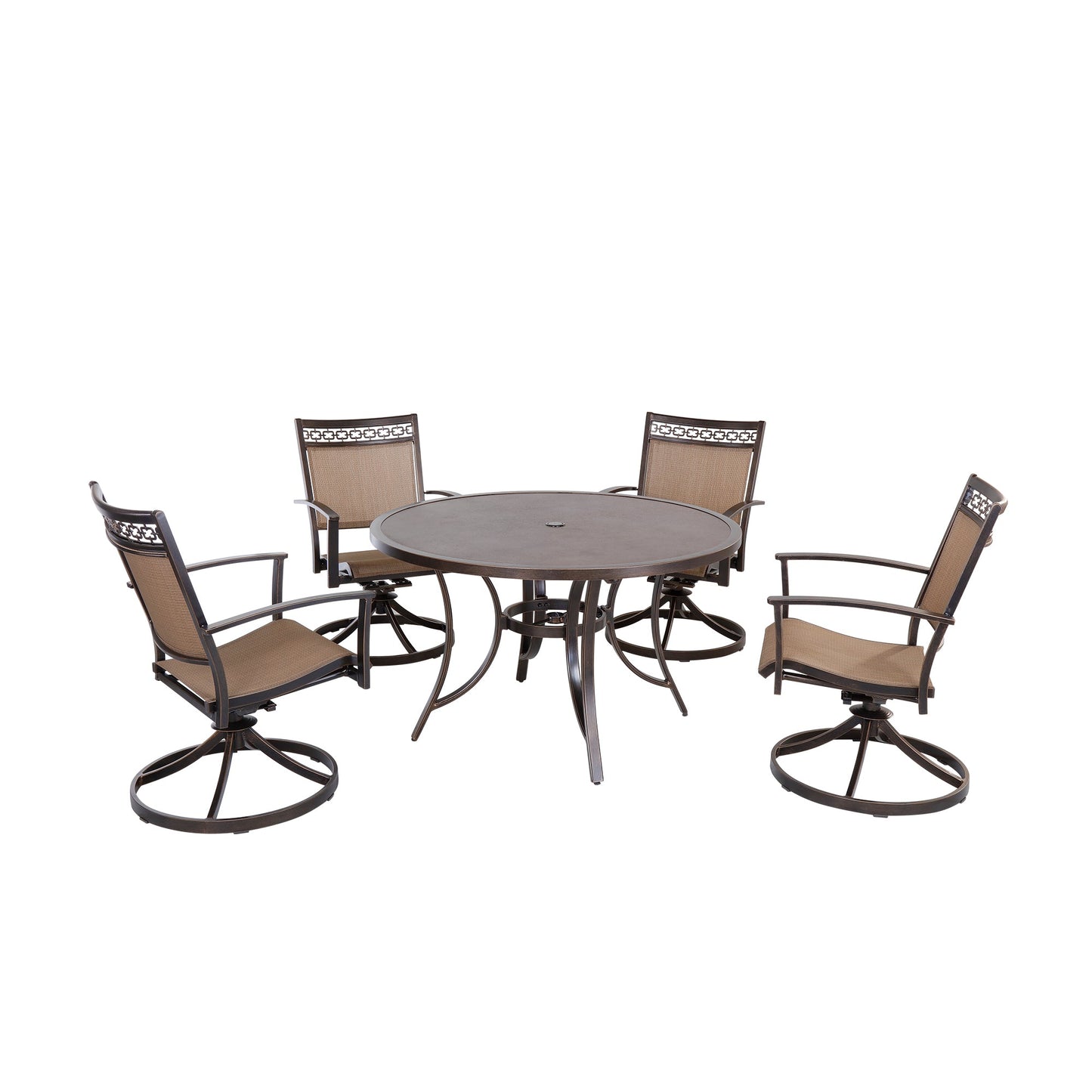 MONDAWE 5-Piece Cast Aluminum Outdoor Dining Set with Round Umbrella Table, Swivel Sling Chairs