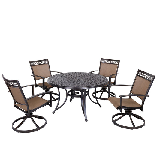 MONDAWE 5-Piece Cast Aluminum Outdoor Dining Set with Mesh Table and Swivel Sling Chairs in Champagne Gold