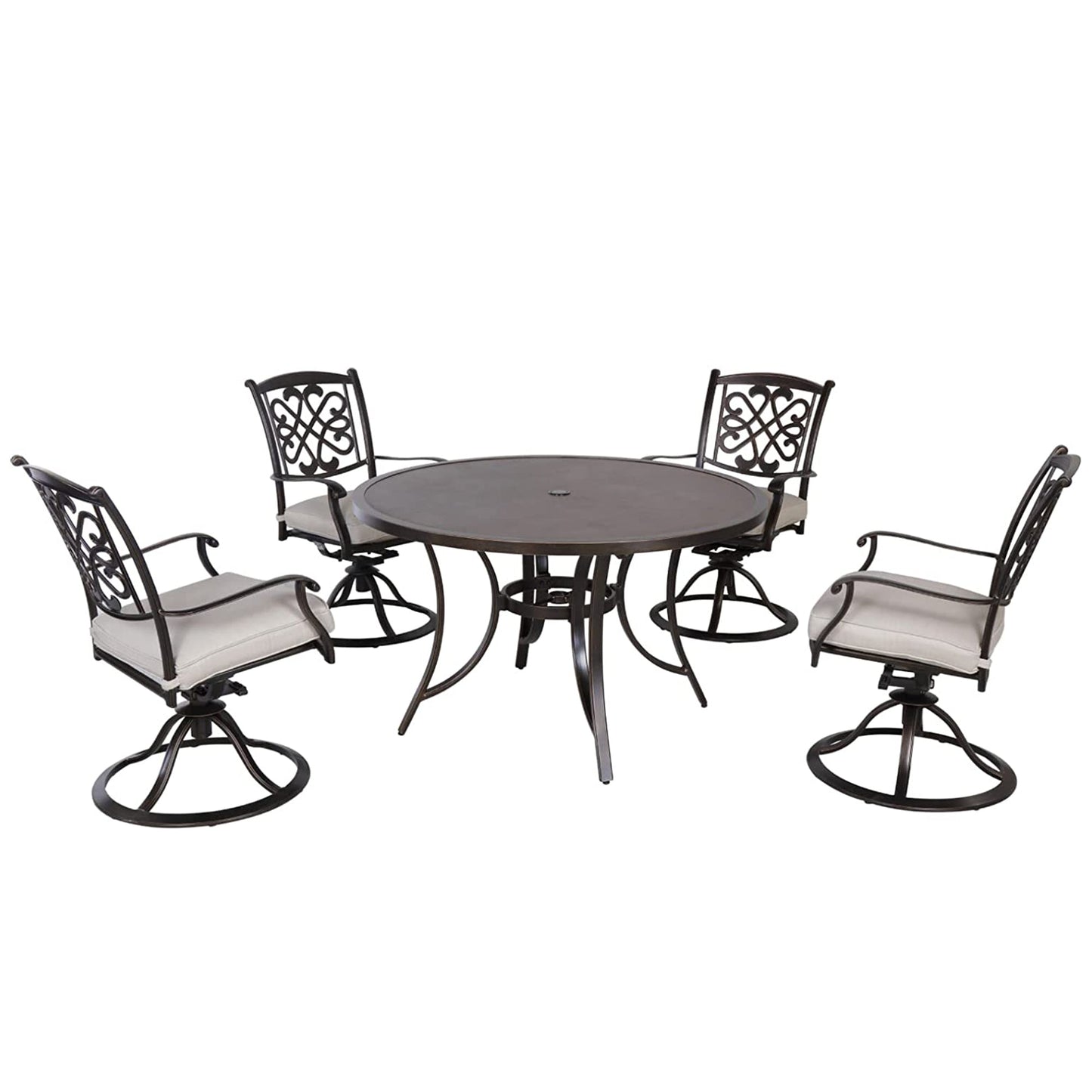 MONDAWE 5-Piece Cast Aluminum Outdoor Dining Set with Round Umbrella Table, Swivel Metal Chairs with Beige Cushions