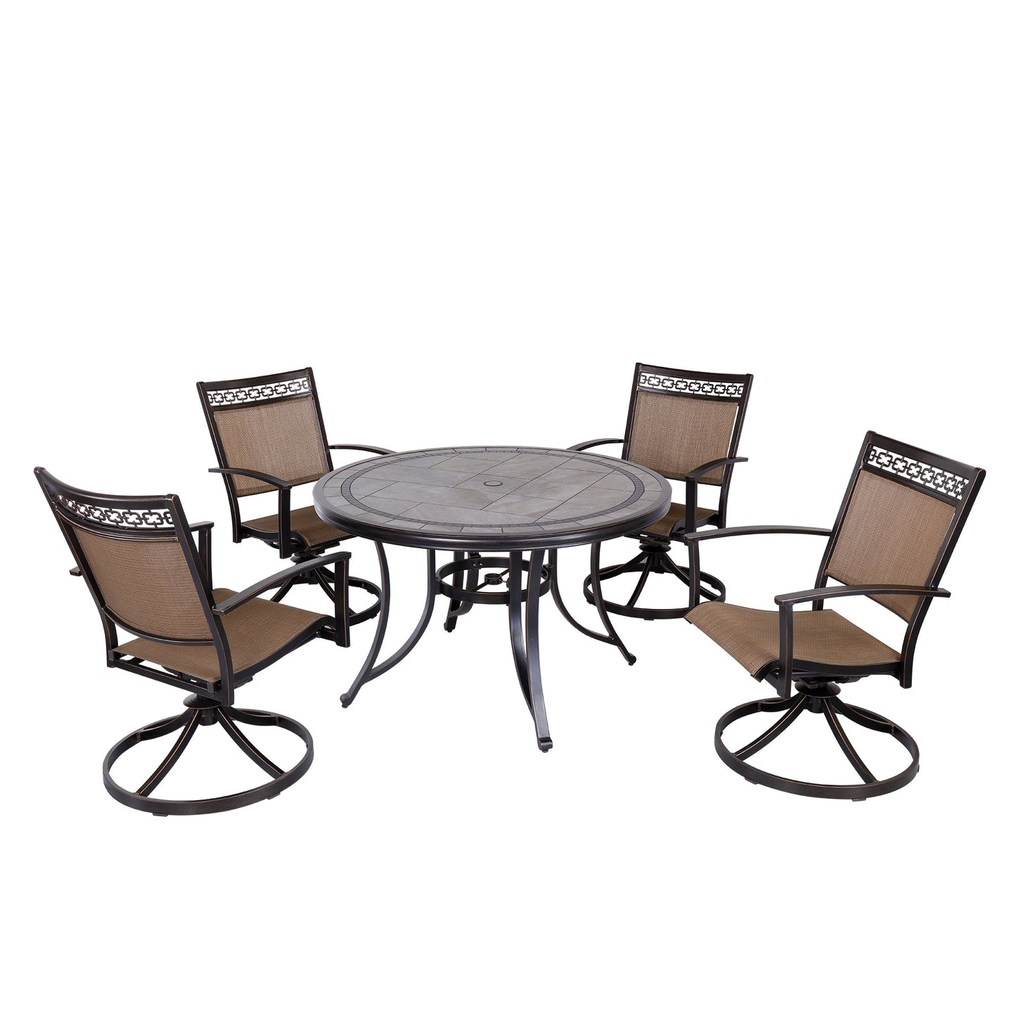 MONDAWE 5-Piece Cast Aluminum Outdoor Patio Dining Set with Round Umbrella Table and Swivel Sling Chairs