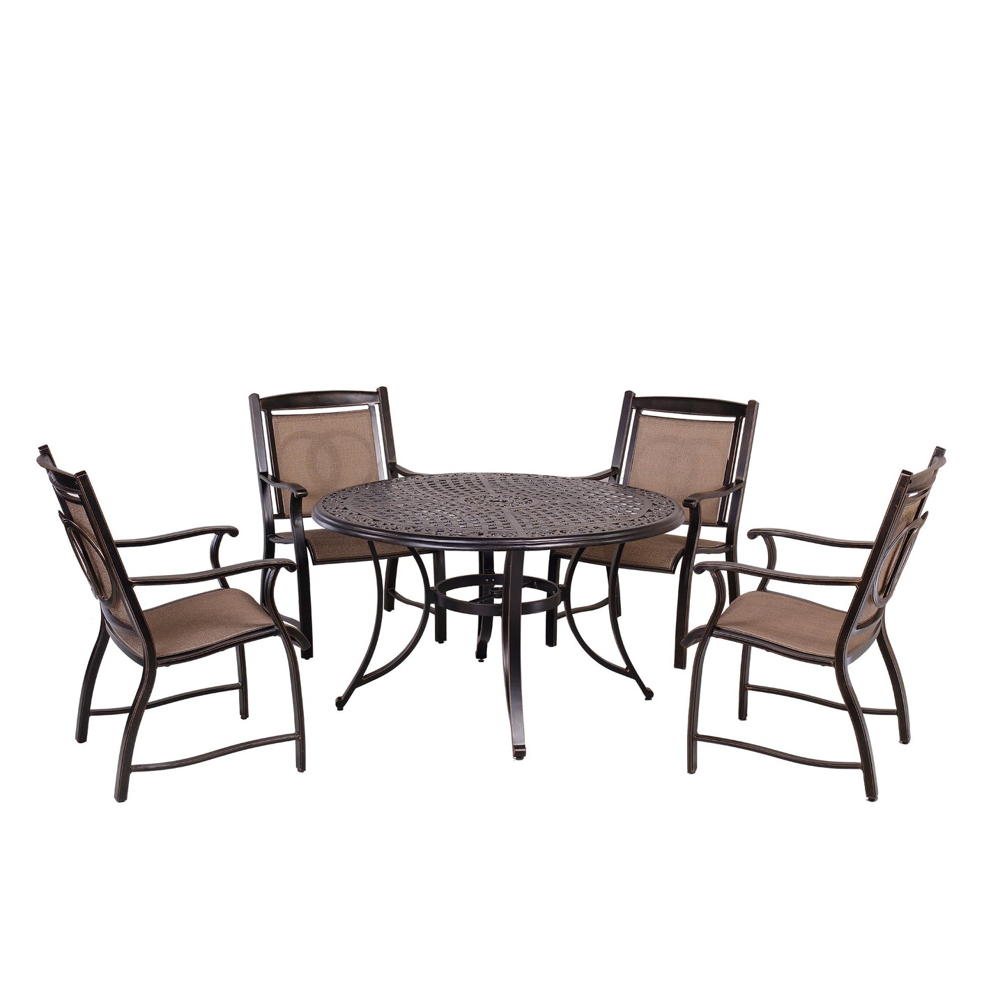 MONDAWE 5-Piece Antique Bronze Cast Aluminum Round 28 in. H Outdoor Patio Dining Set and Umbrella Hole