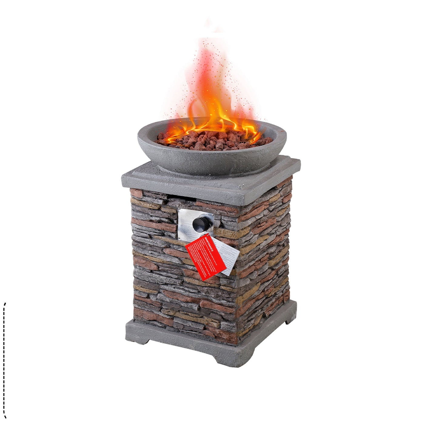 MONDAWE 20 Inch Patio Propane Heater Fire Pit with Realistic Faux Ledgestone Panel, Red Lava Rocks