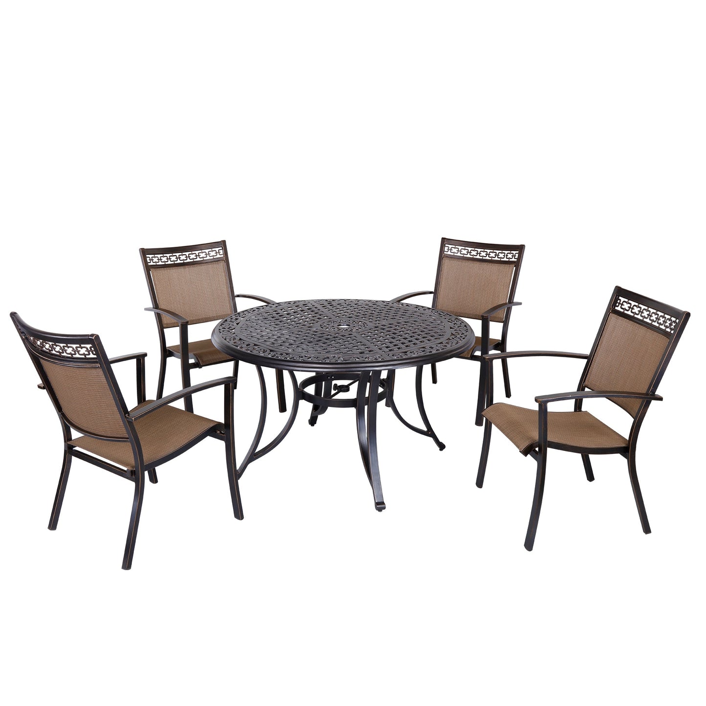 MONDAWE Patio Dining Sets 5 Piece Outdoor Dining Chairs and Cast Aluminum 28 in. H Round Table with Umbrella Hole