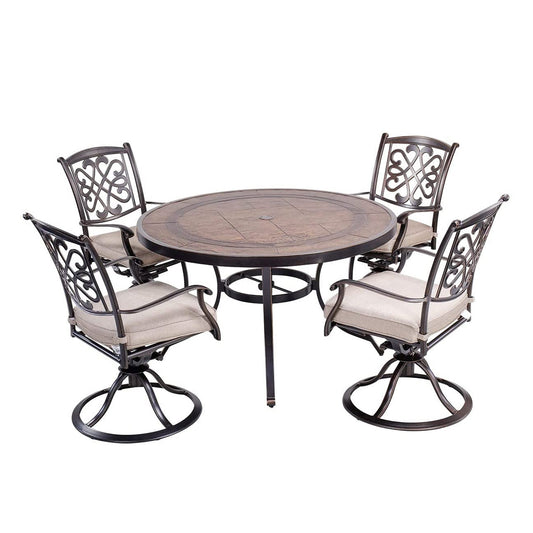 MONDAWE 5-Piece Cast Aluminum Outdoor Dining Set with Round Umbrella Table and 4 Swivel Chairs with Cushions