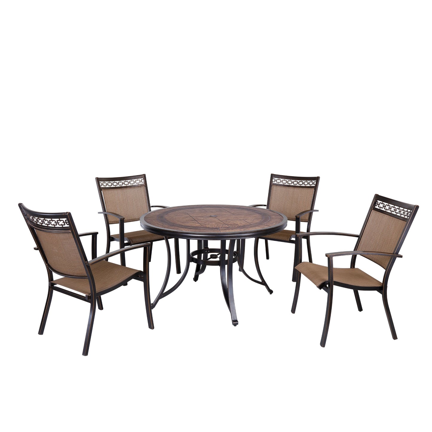 MONDAWE 5 Piece Dark Gold Cast Aluminum Round 28 in. H Outdoor Dining Table and Sets of 4 Chairs