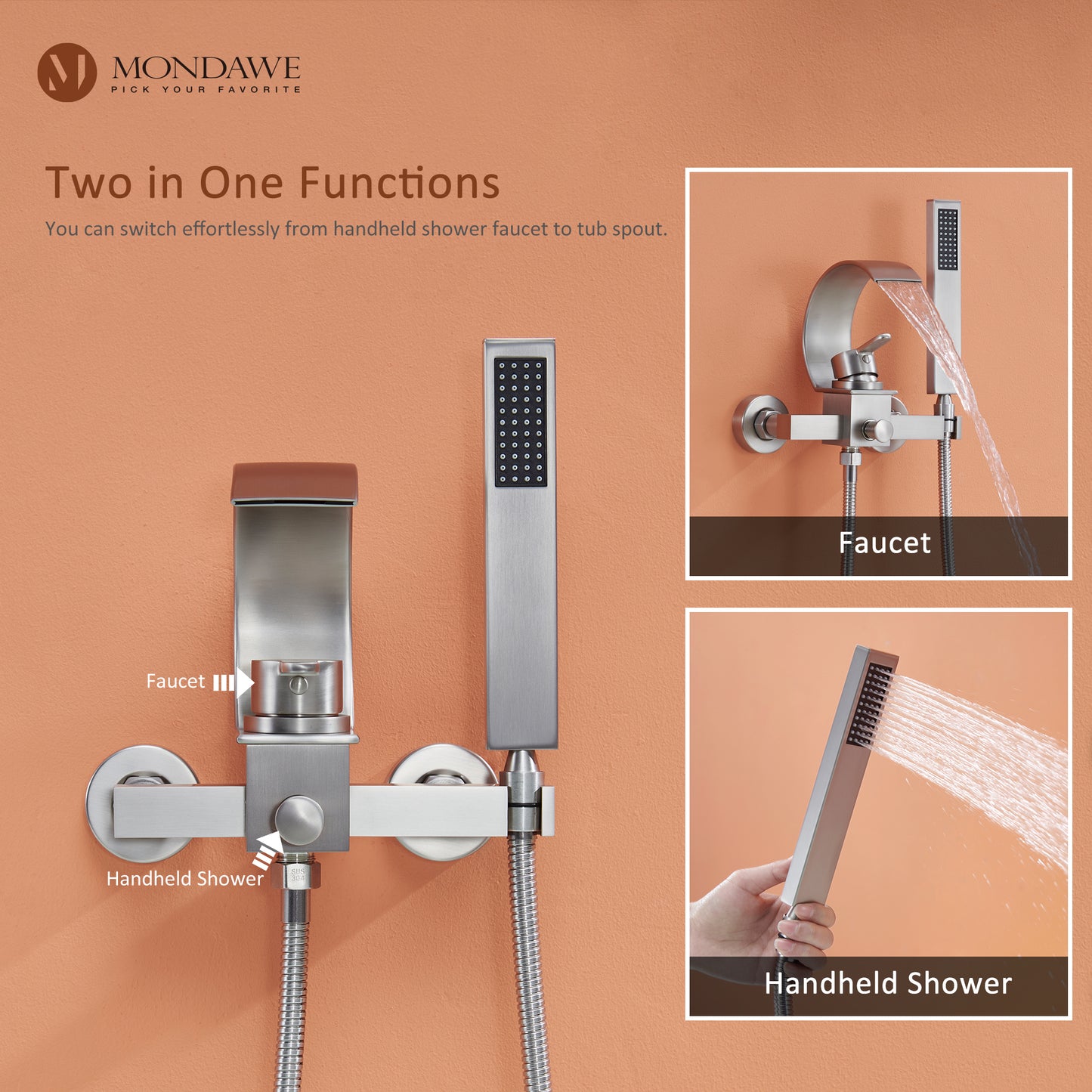 Mondawe Single Handle Shower Tub Kit with Waterfall Tub Spout and Handheld Shower Faucet, Wall Mounted