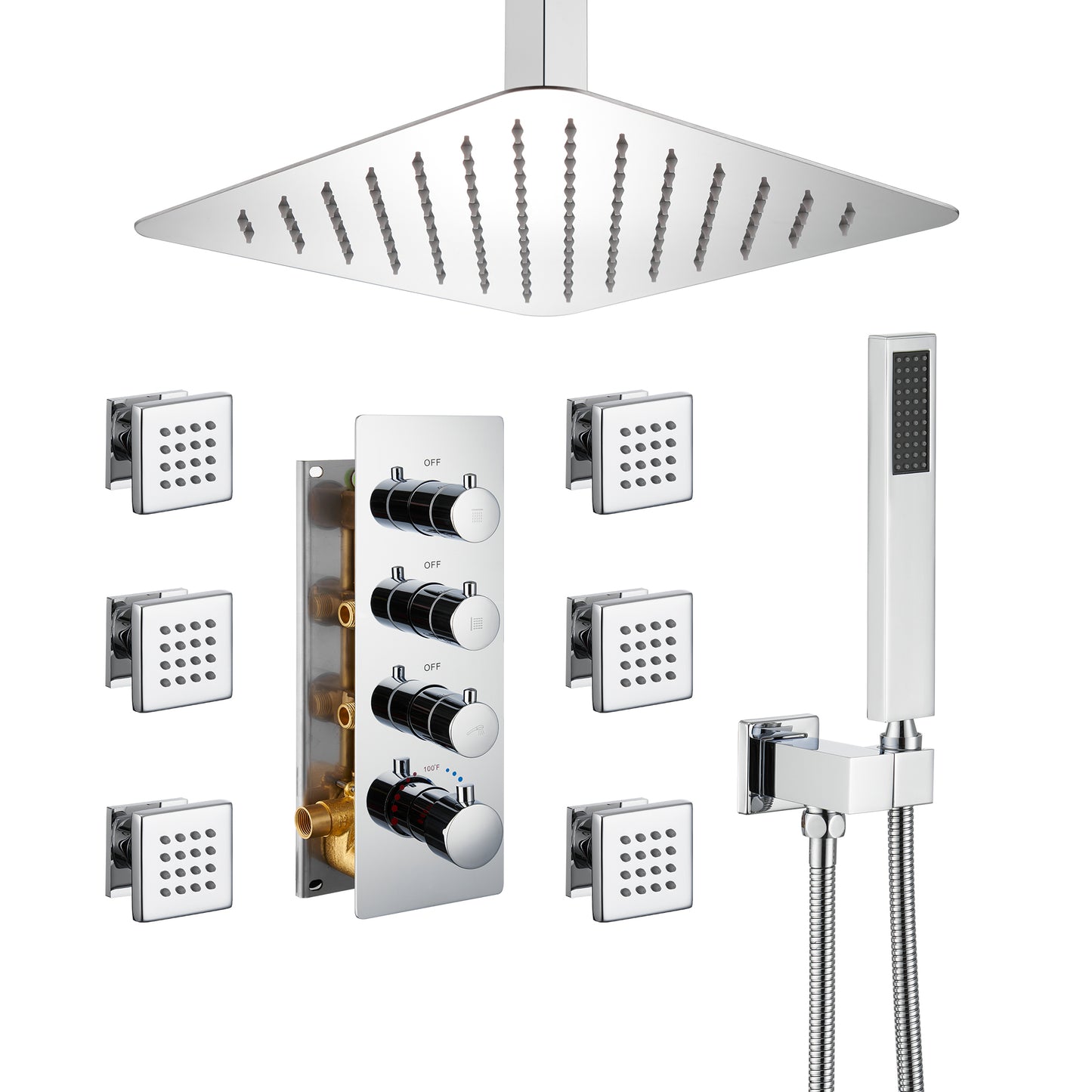 Mondawe Celling Mount Thermostatic Rainfall Shower System Set with Hand Held Shower Head and 6 Body Jets