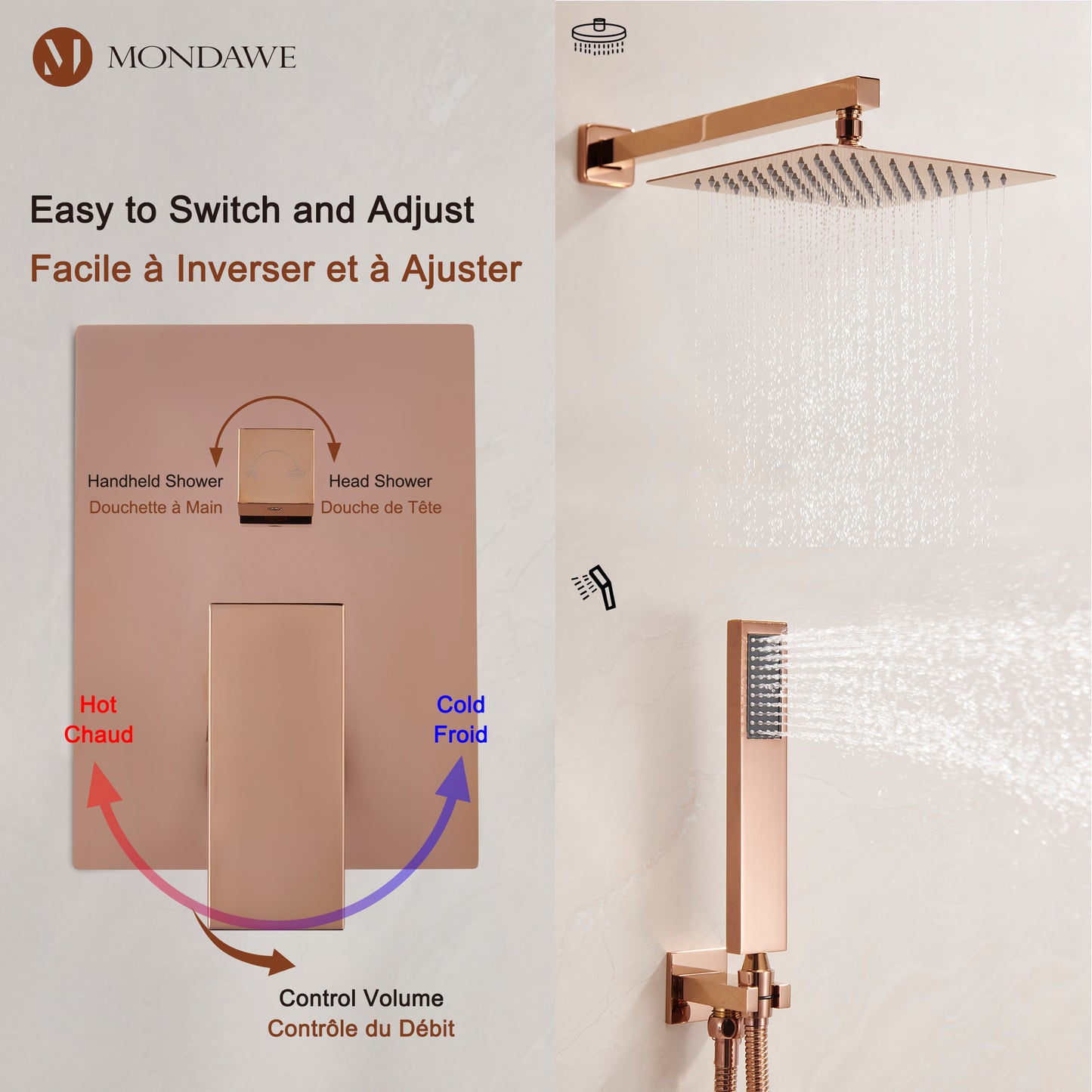 Mondawe 2 Functions Wall Mount Square Complete Shower System with 2.5 GPM 10 in Black/Rose Gold