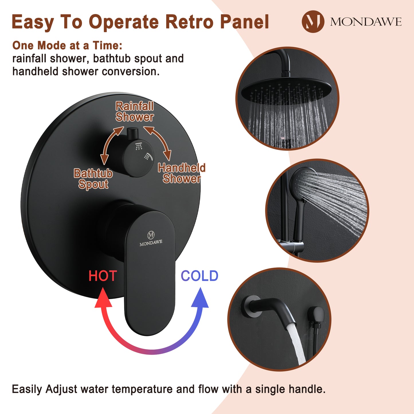 Mondawe Retro Series 3-Spray Patterns with 1.8 GPM 9 in. Rain Wall Mount Dual Shower Heads with Handheld and Spout in Brushed Nickel/ Black/ Bronze/Brushed Gold