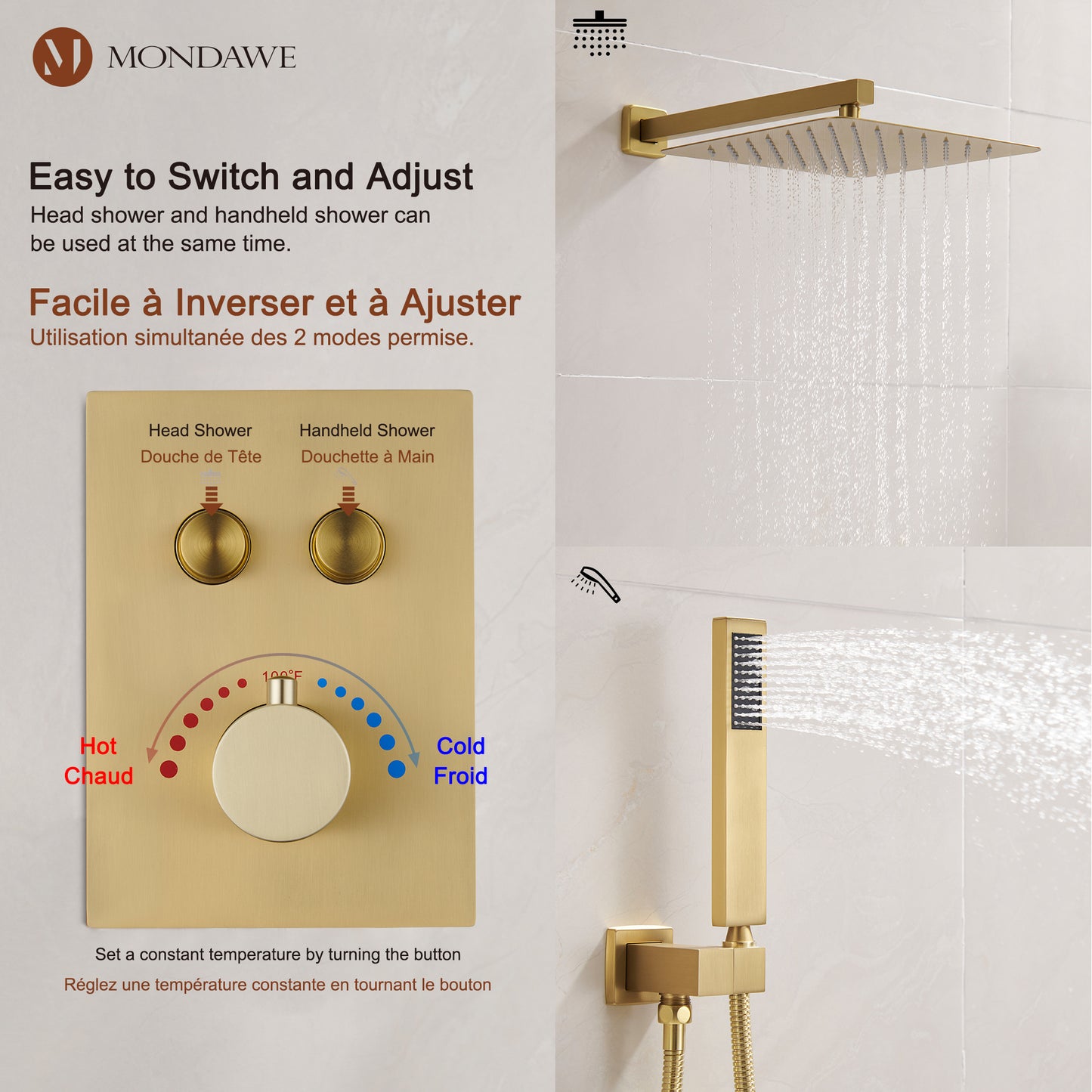 Mondawe 2 Functions Wall Mount Square Thermostatic Complete Shower System (Rough-In Valve Included)