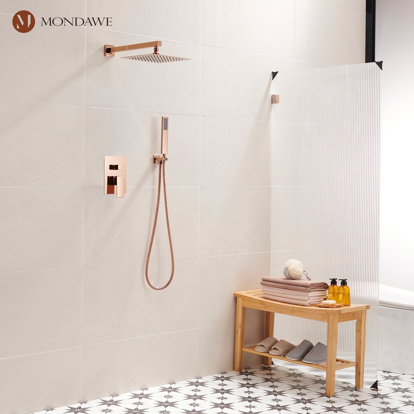 Mondawe 2 Functions Wall Mount Square Complete Shower System with 2.5 GPM 10 in Black/Rose Gold