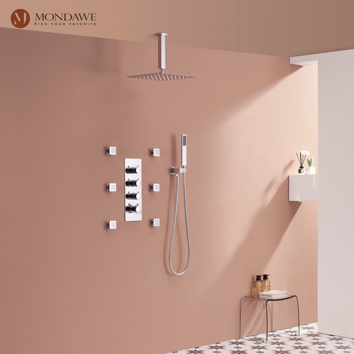 Mondawe Celling Mount Thermostatic Rainfall Shower System Set with Hand Held Shower Head and 6 Body Jets