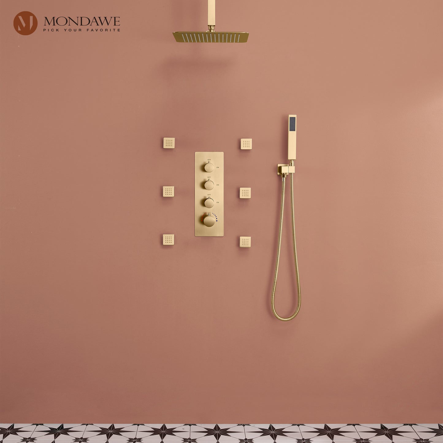 Mondawe 2 Functions Wall Mount Square Complete Shower System with 2.5 GPM 10 in Black/Rose Gold