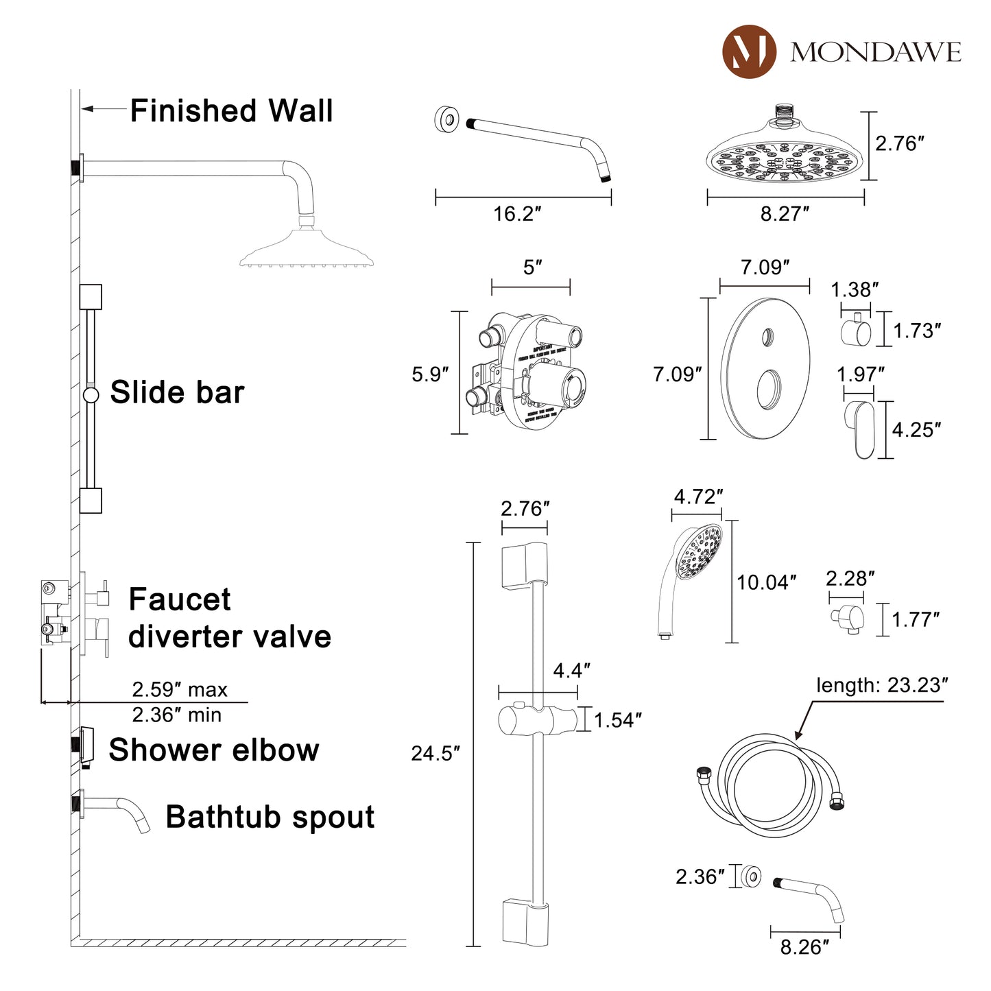 Mondawe Retro Series 3-Spray Patterns with 1.8 GPM 8 in. Rain Wall Mount Dual Shower Heads with Handheld and Spout in Brushed Nickel/ Black/ Bronze/ Gold