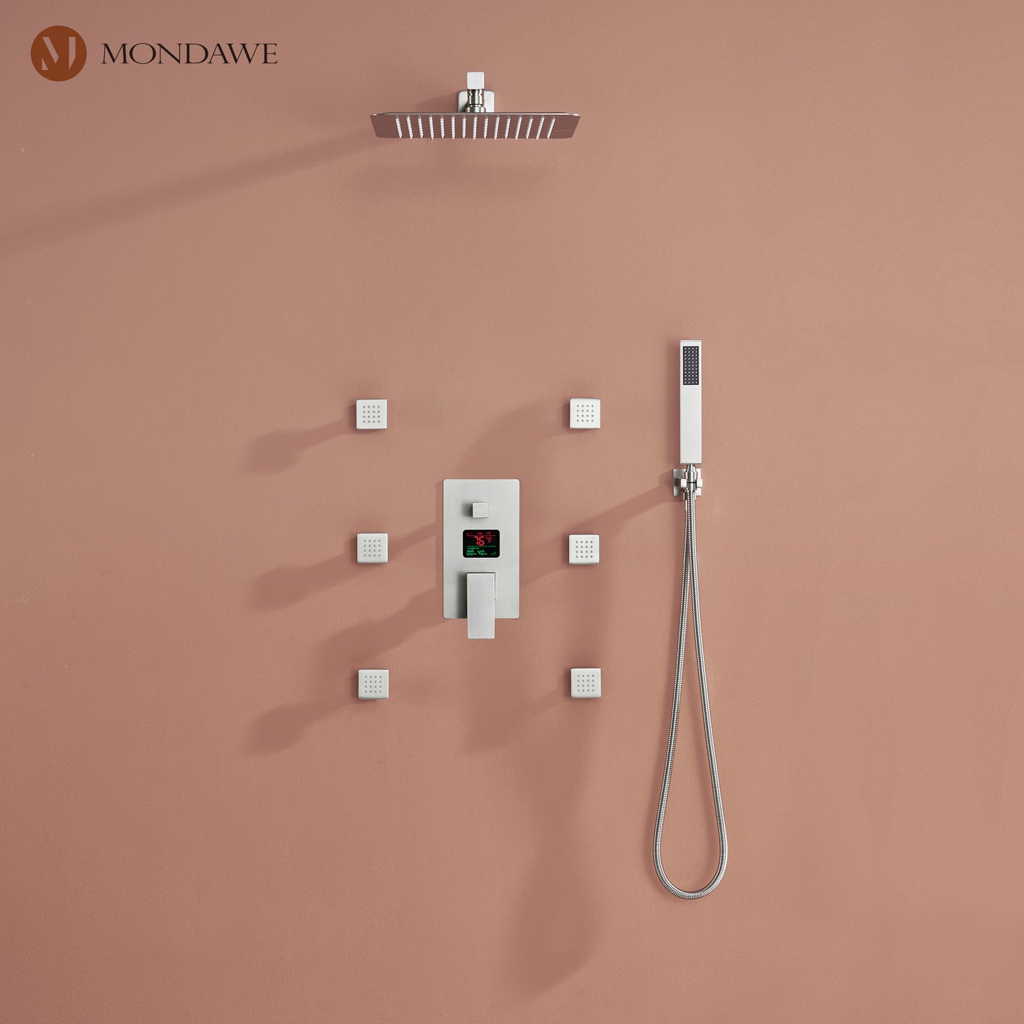 Mondawe Wall Mount Thermostatic Rain Shower Head System with Body Sprayers Handheld Shower and Digital Display