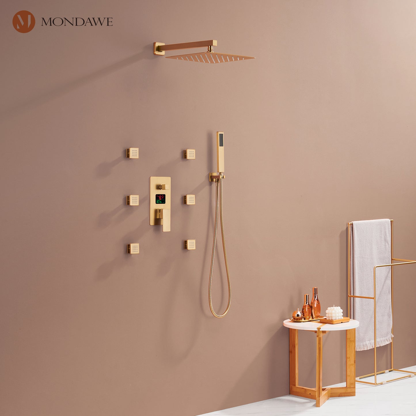 Mondawe Wall Mount Thermostatic Rain Shower Head System with Body Sprayers Handheld Shower and Digital Display