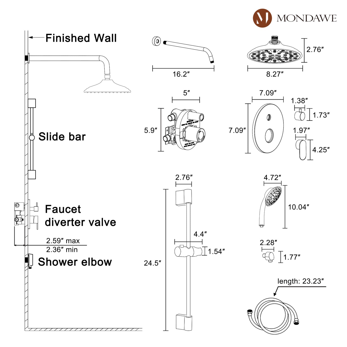 Mondawe Retro Series 2-Spray Patterns with 1.8 GPM 8 in. Rain Wall Mount Dual Shower Heads with Handheld and Spout in Brushed Nickel/ Black/ Bronze/Brushed Gold