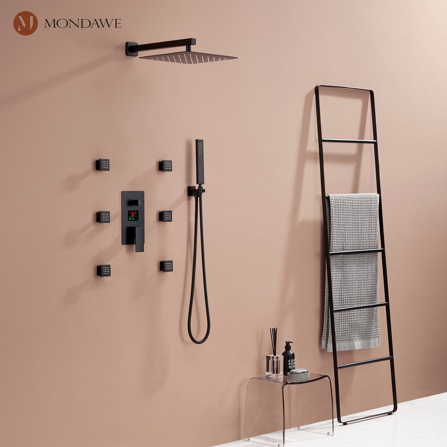 Mondawe Wall Mount Thermostatic Rain Shower Head System with Body Sprayers Handheld Shower and Digital Display