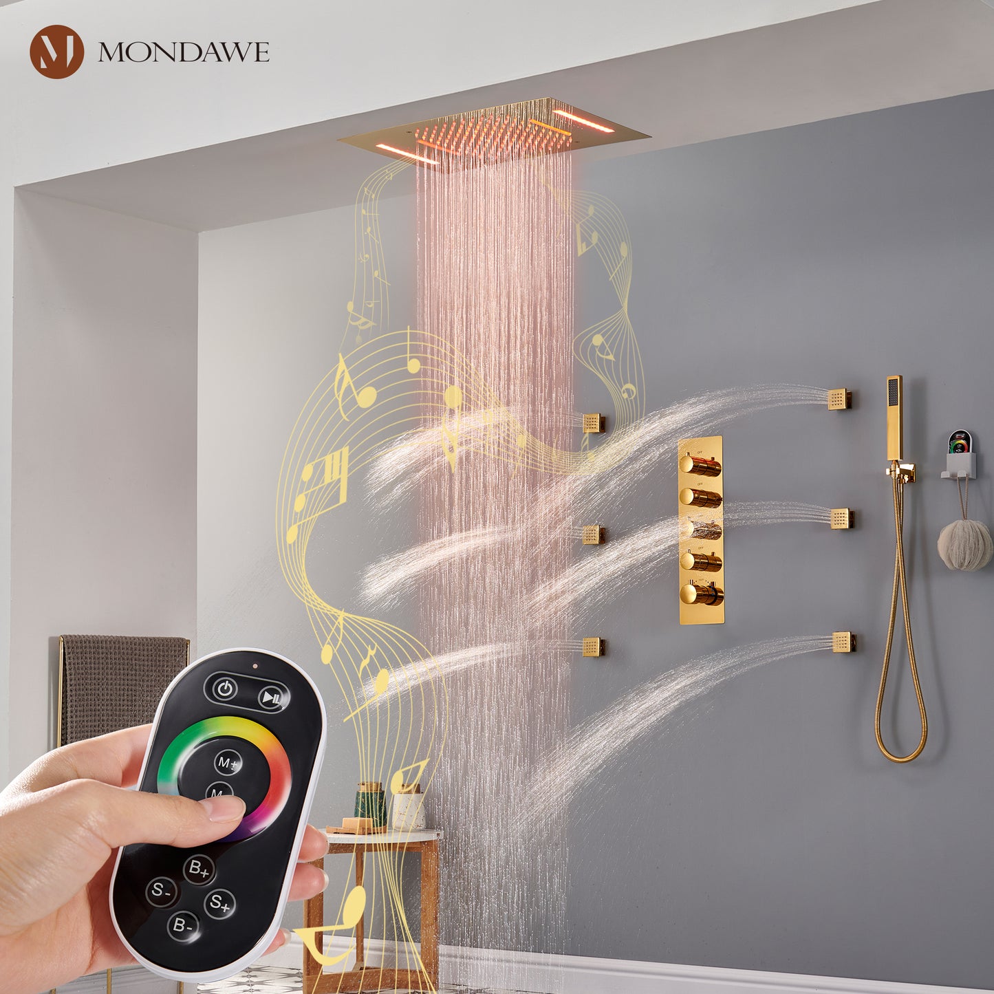 Mondawe Luxury 4-Way Thermostatic Shower System with LED and Music Player