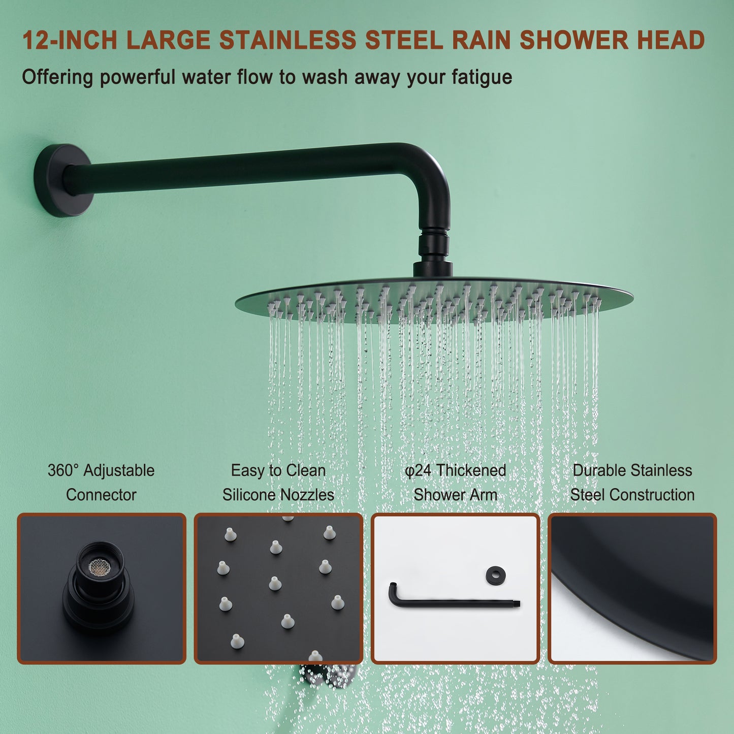 Mondawe Round Shower System With Body Jet,12 inch Wall Mounted High-Pressure Rainfall Shower Head Handheld and 6 pcs Body Sprays,Rain Shower Mixer Combo Set