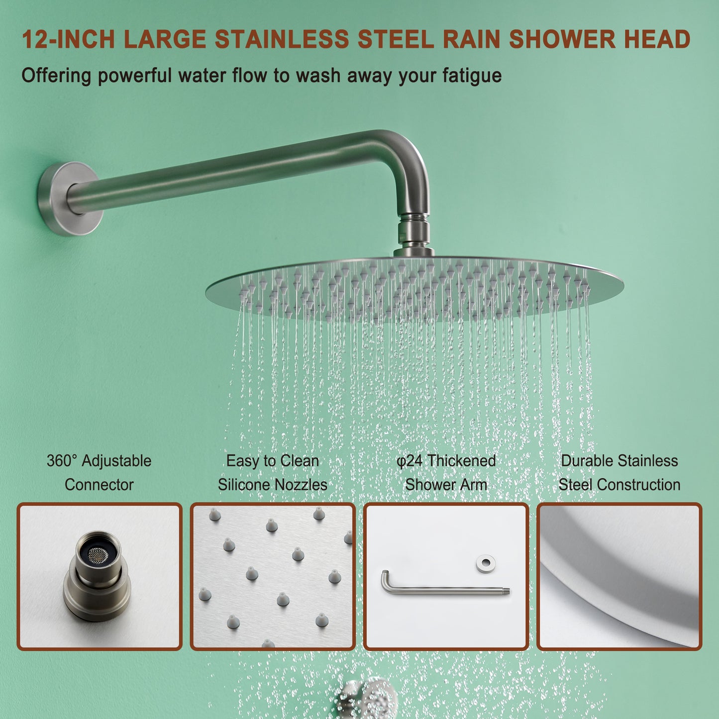 Mondawe Round Shower System With Body Jet,12 inch Wall Mounted High-Pressure Rainfall Shower Head Handheld and 6 pcs Body Sprays,Rain Shower Mixer Combo Set