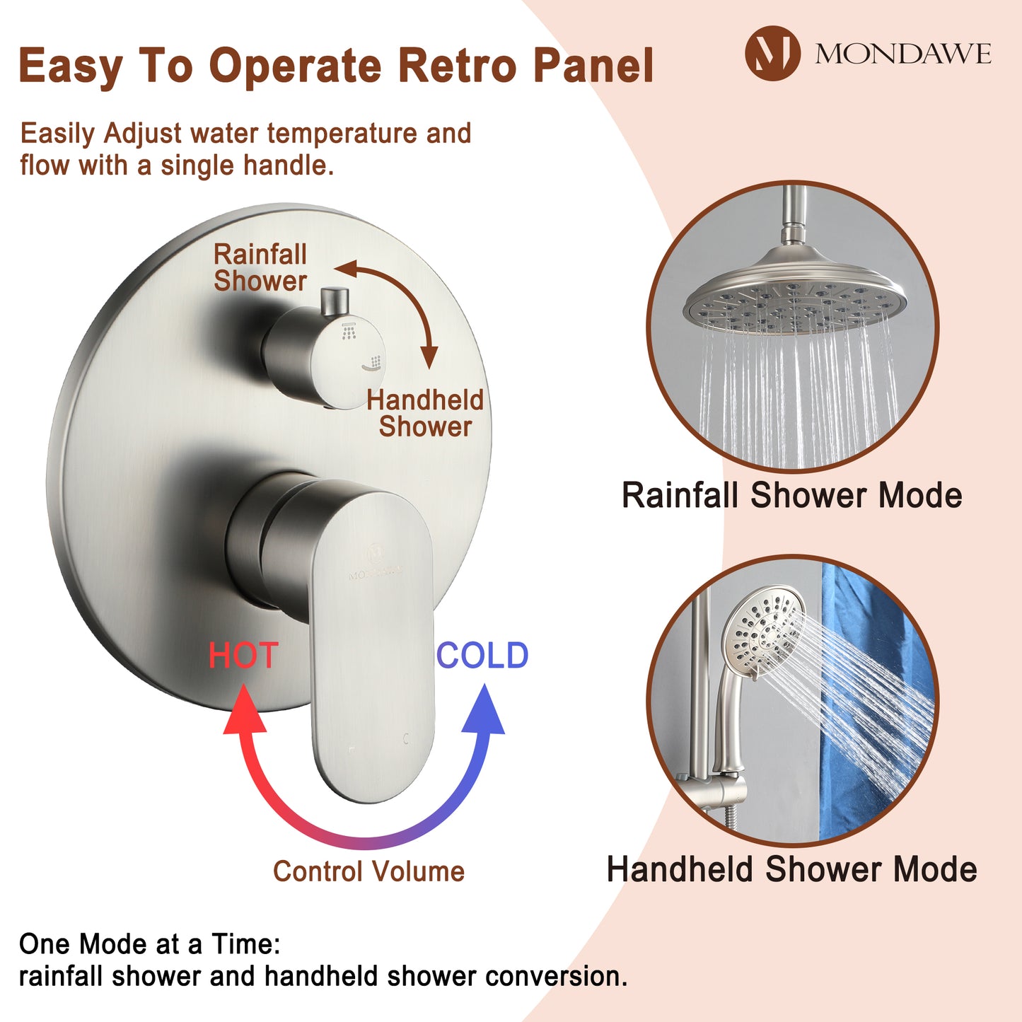 Mondawe Retro Series 2-Spray Patterns with 1.8 GPM 8 in. Rain Wall Mount Dual Shower Heads with Handheld and Spout in Brushed Nickel/ Black/ Bronze/Brushed Gold