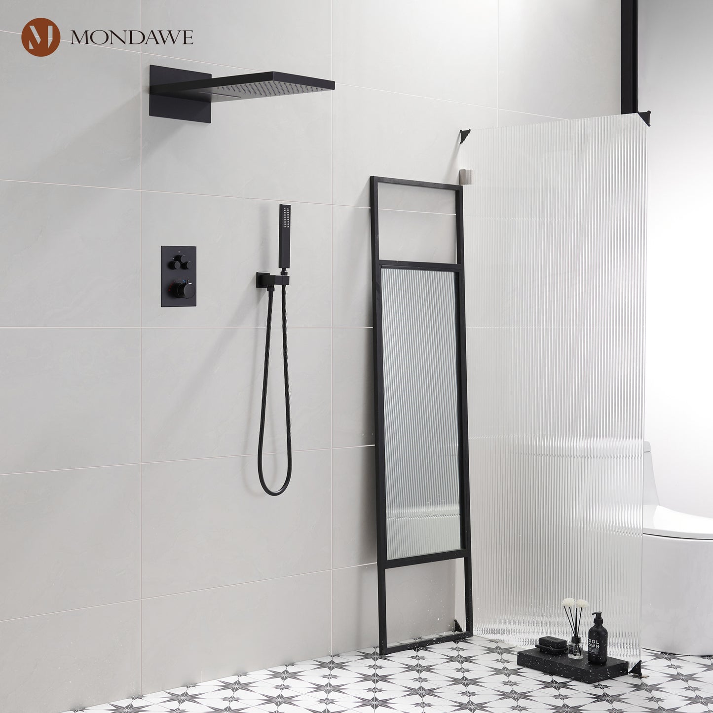 Mondawe 2 Functions Wall Mount Luxury Thermostatic Complete Shower System (Rough-In Valve Included) in Nickel/Black