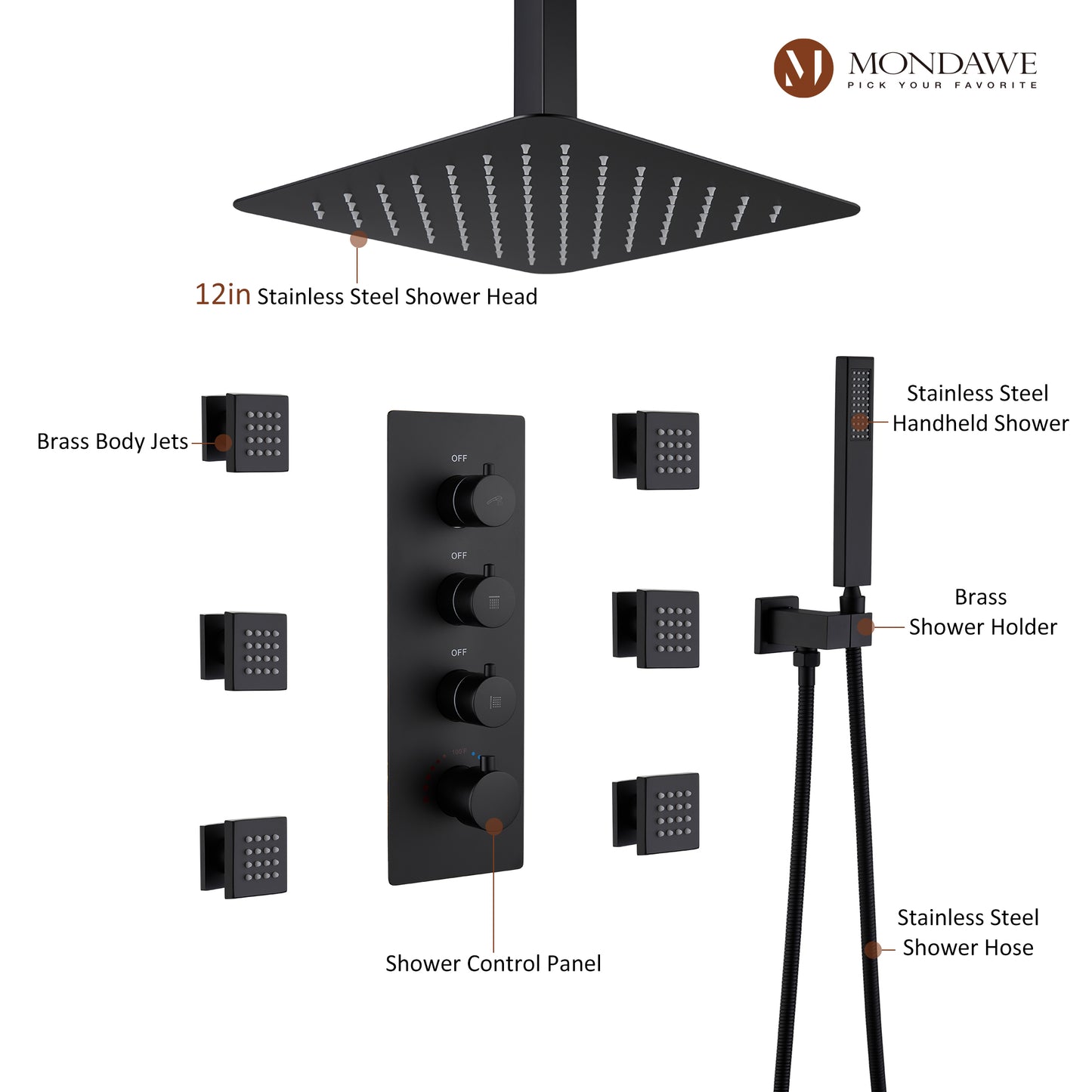 Mondawe Celling Mount Thermostatic Rainfall Shower System Set with Hand Held Shower Head and 6 Body Jets