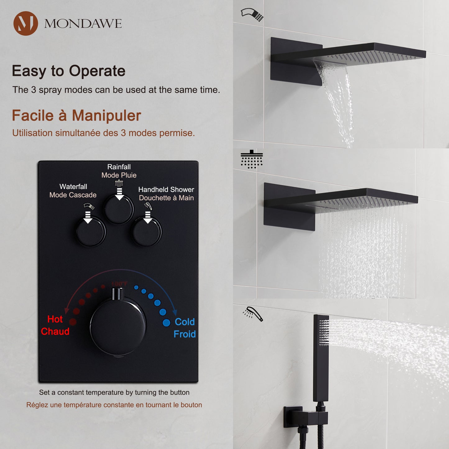 Mondawe 2 Functions Wall Mount Luxury Thermostatic Complete Shower System (Rough-In Valve Included) in Nickel/Black