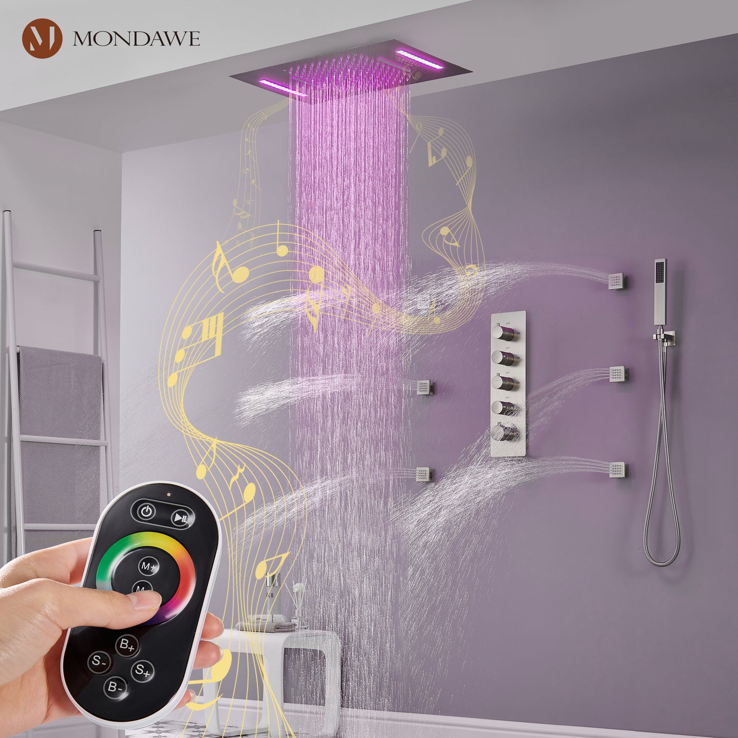 Mondawe Luxury 4-Way Thermostatic Shower System with LED and Music Player