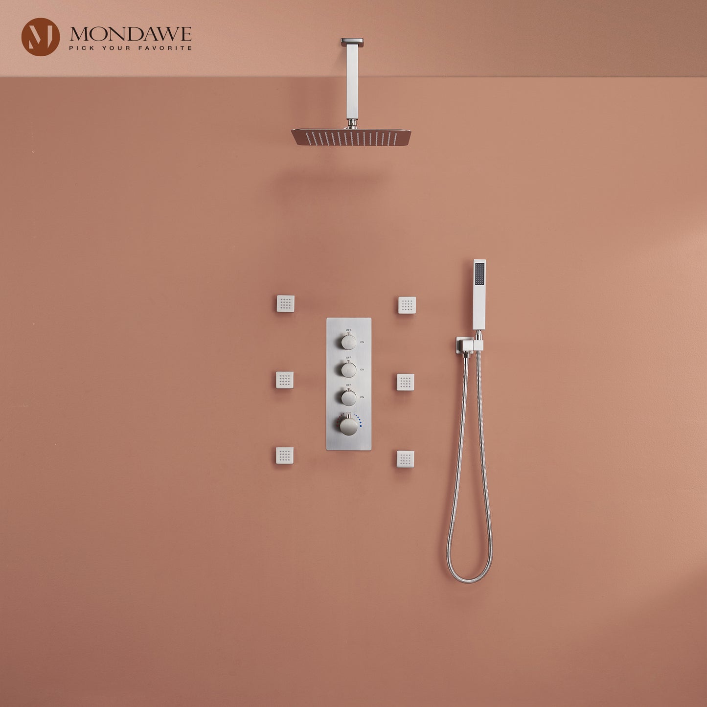 Mondawe Celling Mount Thermostatic Rainfall Shower System Set with Hand Held Shower Head and 6 Body Jets